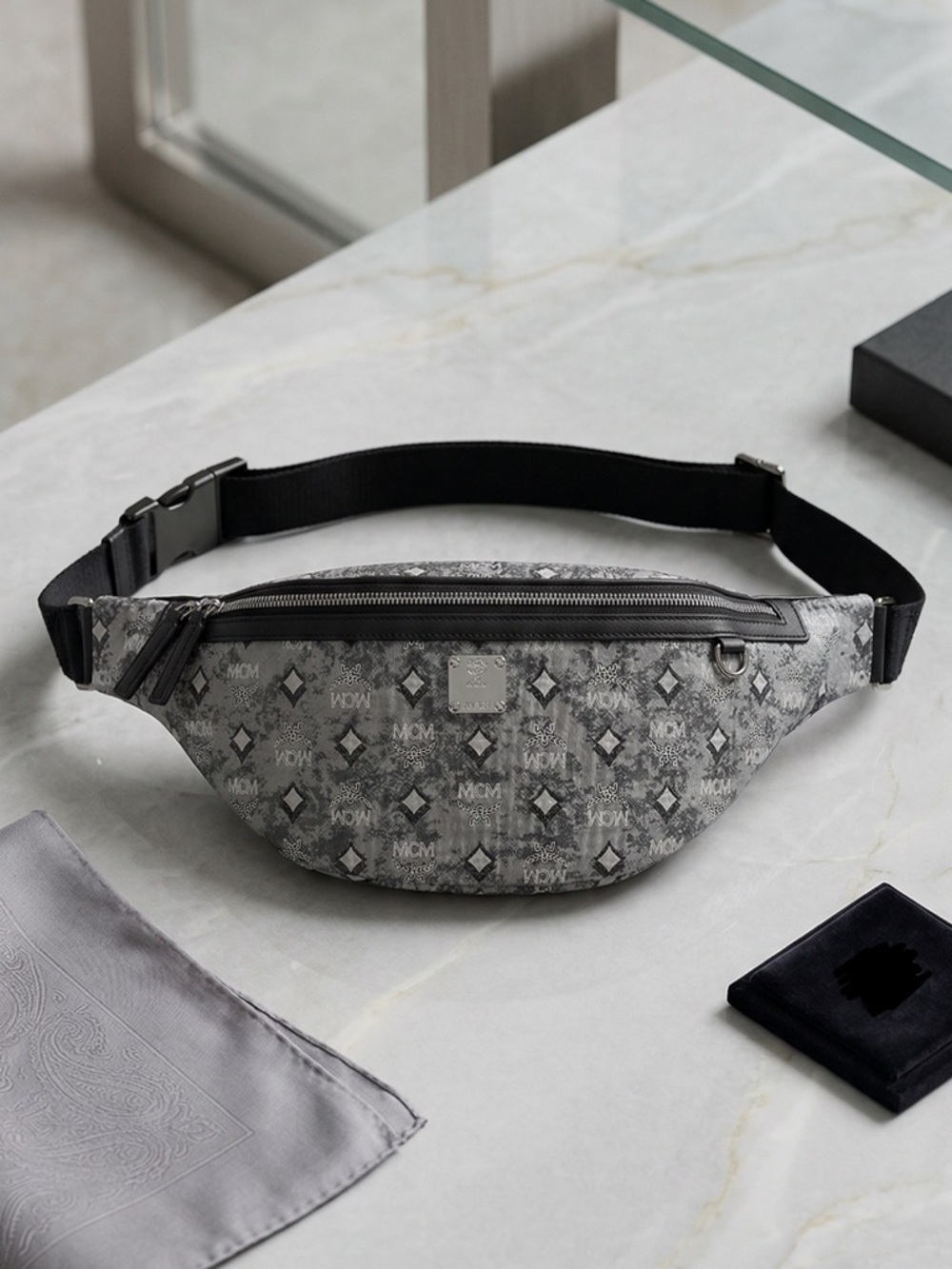 MCM Fursten Belt Bag In Denim Visetos NWT full inclusion